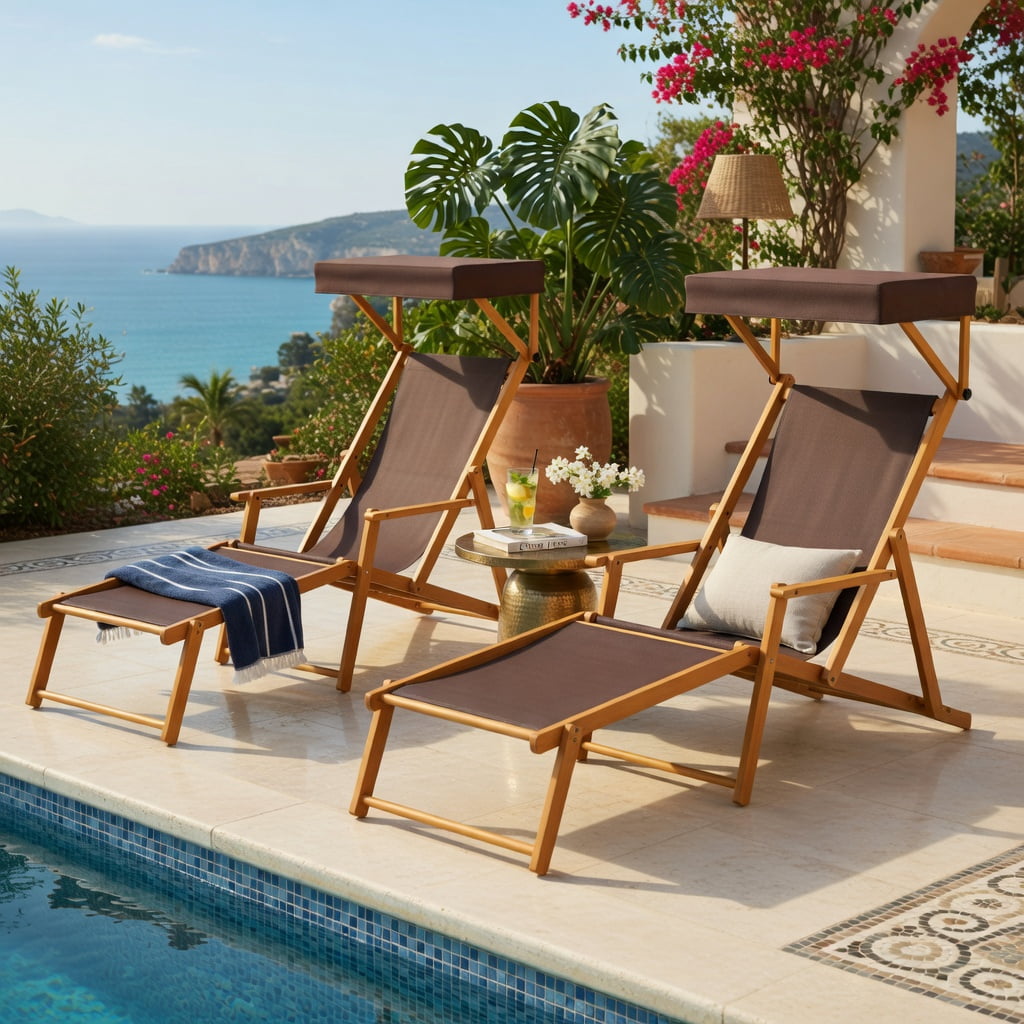 Hommoo Foldable Birch Wood Chaise Lounge Chair with Adjustable Canopy, Outdoor Beach Chair for Patio, Poolside & Garden, Brown