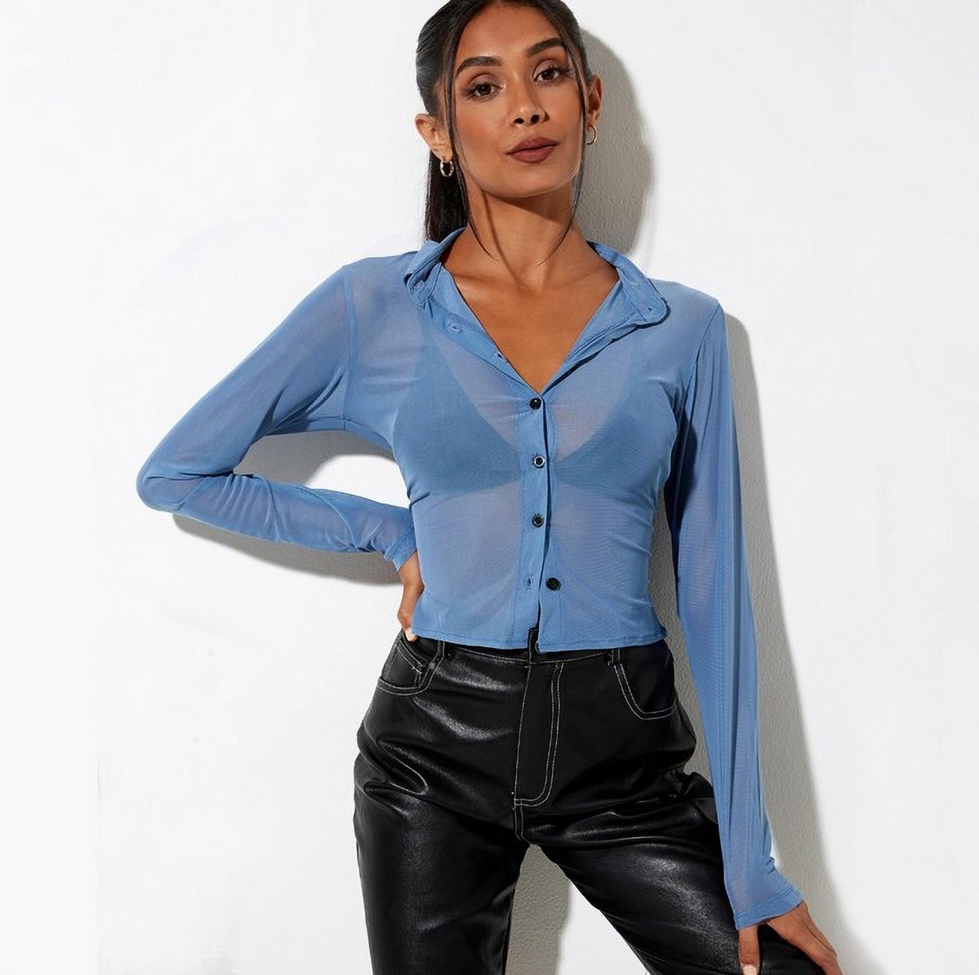 Mesh Crop Top Women Button Up Sexy Slim 