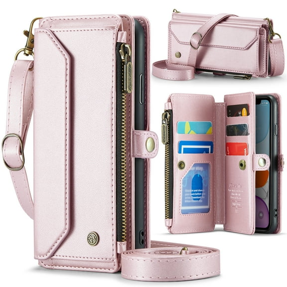 Allytechgroup iPhone 12 Pro Max Wallet Case with Shoulder Strap, Strap Wrist, Zipper Pocket, Cards Slots, RFID Blocking Shockproof Bumper Mini Carring Bag Phone Case for Apple iPhone 12 Pro Max,Pink