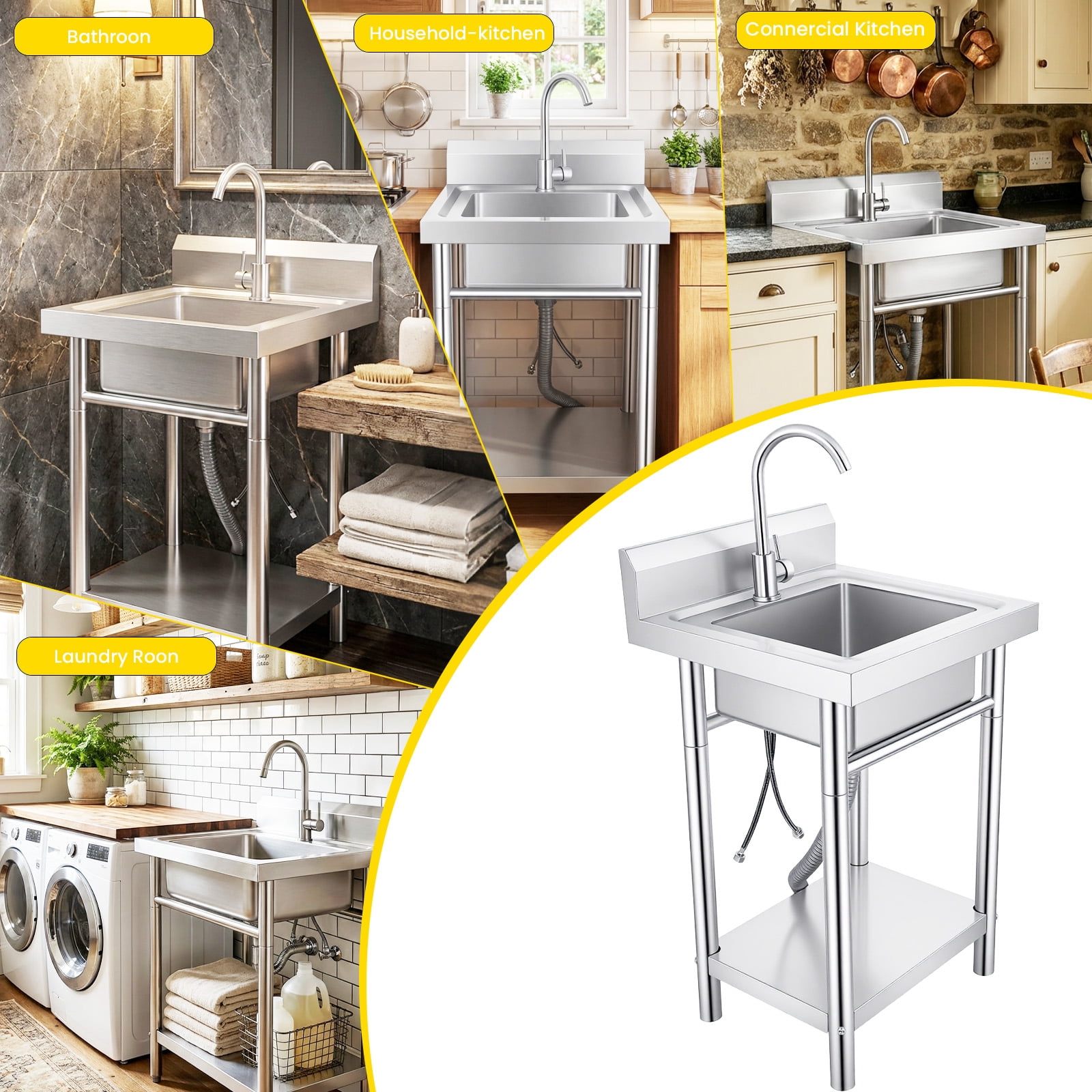 Stainless Steel Silver Freestanding Laundry Sink, Single Bowl Utility Sink with Drain Strainer & Shelf, 360° Rotation Faucet for Indoor Outdoor Use