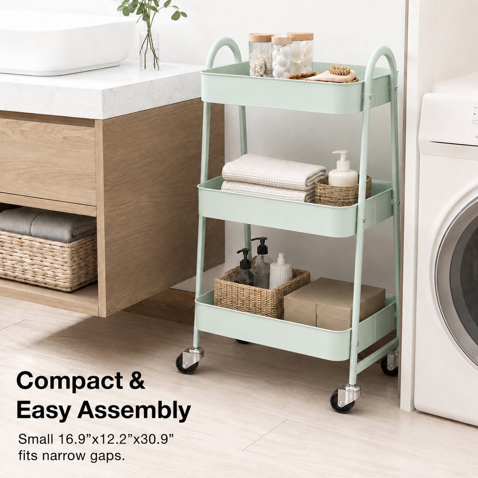 Alvantor 3-Tier Rolling Cart, Metal Rolling Utility Cart with Lockable Wheels, Multi-Functional Heavy Duty Storage Cart Organizer for Bathroom, Kitchen, Living Room, Office