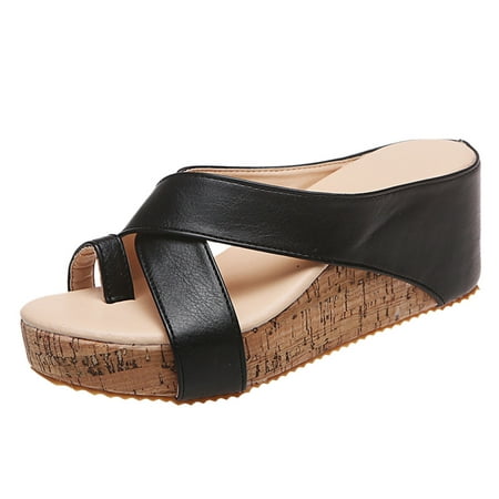 

yinguo platform slide wedge sandals for women open toe cross strap sandal leather slide wedge sandals black size 9.5-10