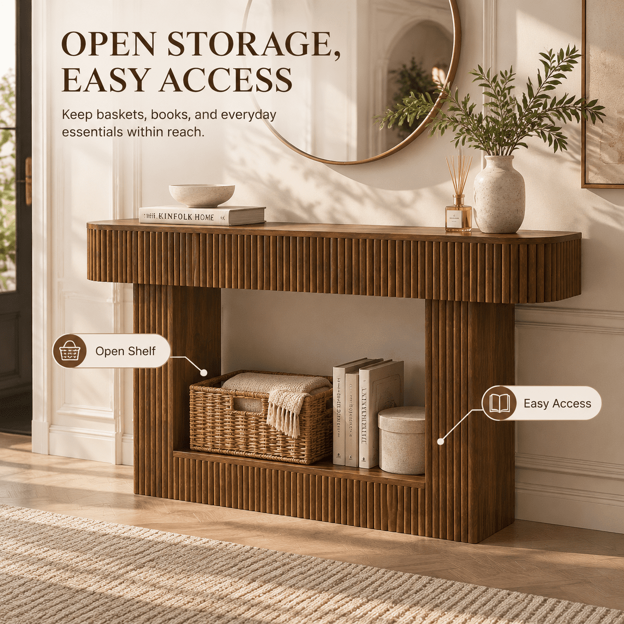 PORKISS 62.9" Console Table with Open Storage, Narrow Long Entryway Table with Rounded Edges, Fluted Sofa Table for Living Room, Hallway, Foyer, Behind Couch, Brown B