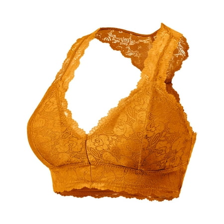 

URBAN DAIZY Women s Seamless Lace Bra Racerback Padded Sexy Floral Mesh Bralette Crop Top Removable Pads Breathable Bustier A11_6324 Desert Mustard 3XL