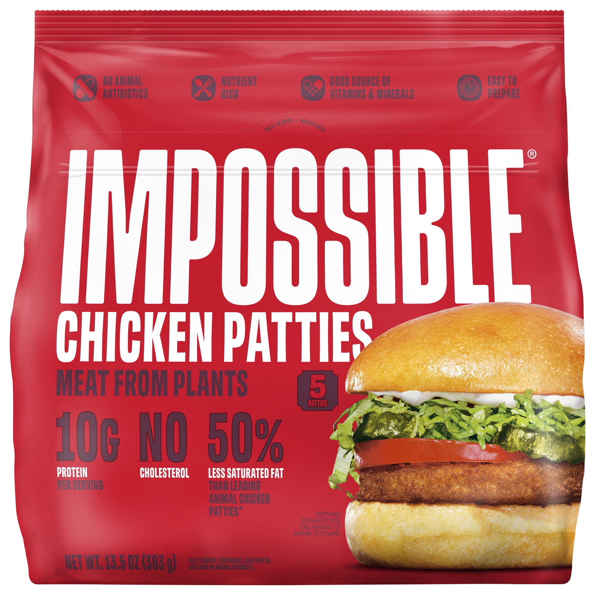 Impossible Foods Chicken Patties, Fully Cooked, 5 Frozen Patties, 13.5 oz