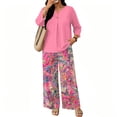 thumbnail image 6 of Tropical Floral Print Two Piece Set for Women, 3/4 Sleeve Button Down Top & Wide Leg Pants - Vacation Resort Wear Lounge Outfit with Straight Leg Trousers Pink XXL, 6 of 7