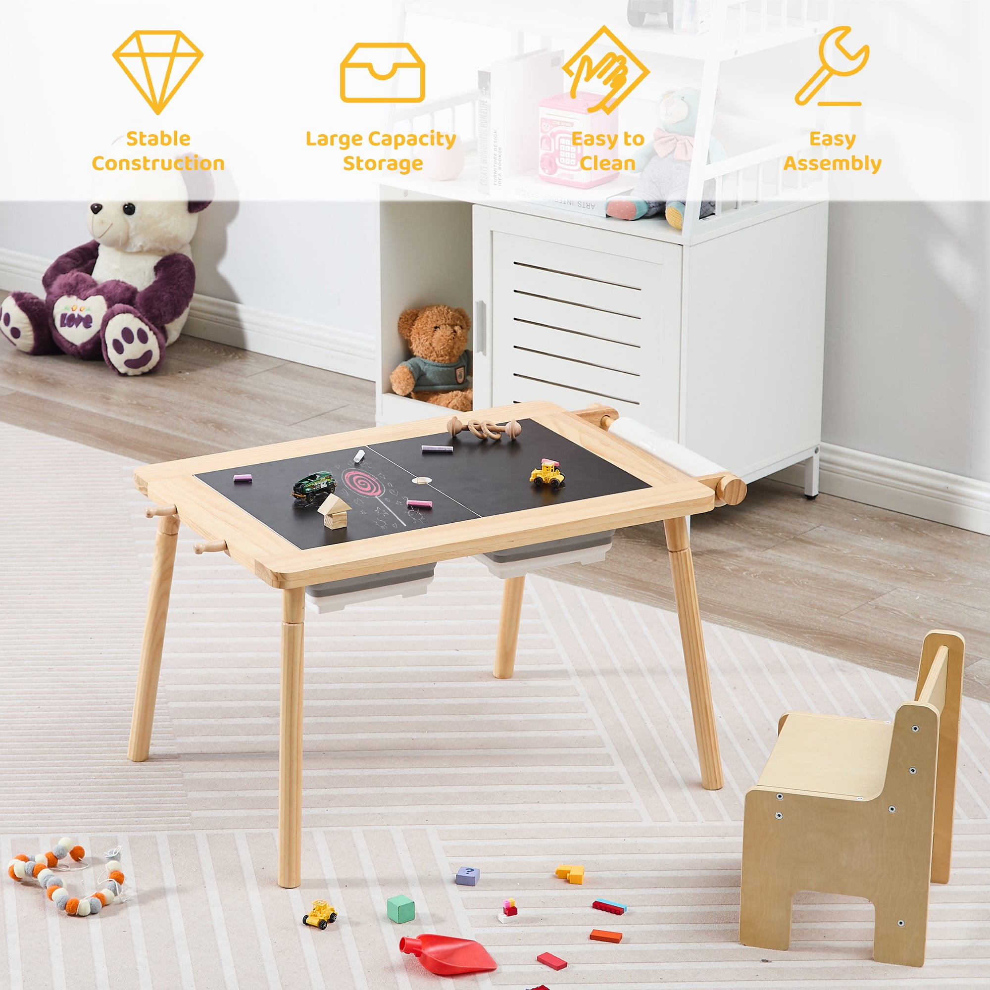 Sensory Table for Toddlers, Multi-Activity Table and Chair Set with Double-Side Graffiti Desktop, Kids Table with 2 Storage Bins & Roller Holder, Sand & Water Table with Building Block Base