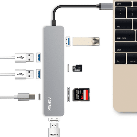 AGPTEK USB C Hub, 7-in-1 Multi Port Adapter with HDMI/SD/TF Card Reader, 3 USB 3.0 Ports Aluminum Design for