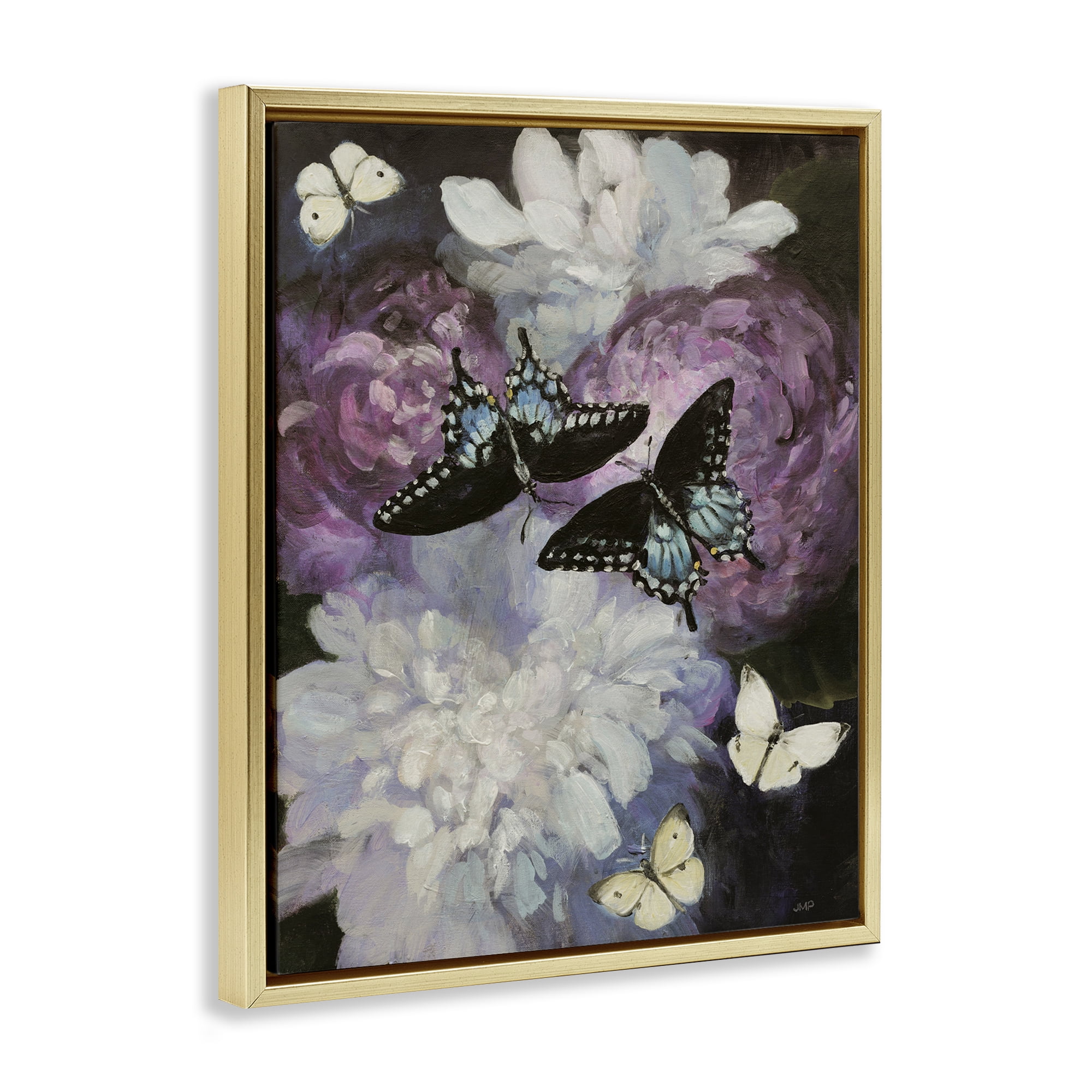 Stupell Industries Midnight Garden Butterflies Animals & Insects Painting Gold Floater Framed Canvas Art Print Wall Art, 17 x 21