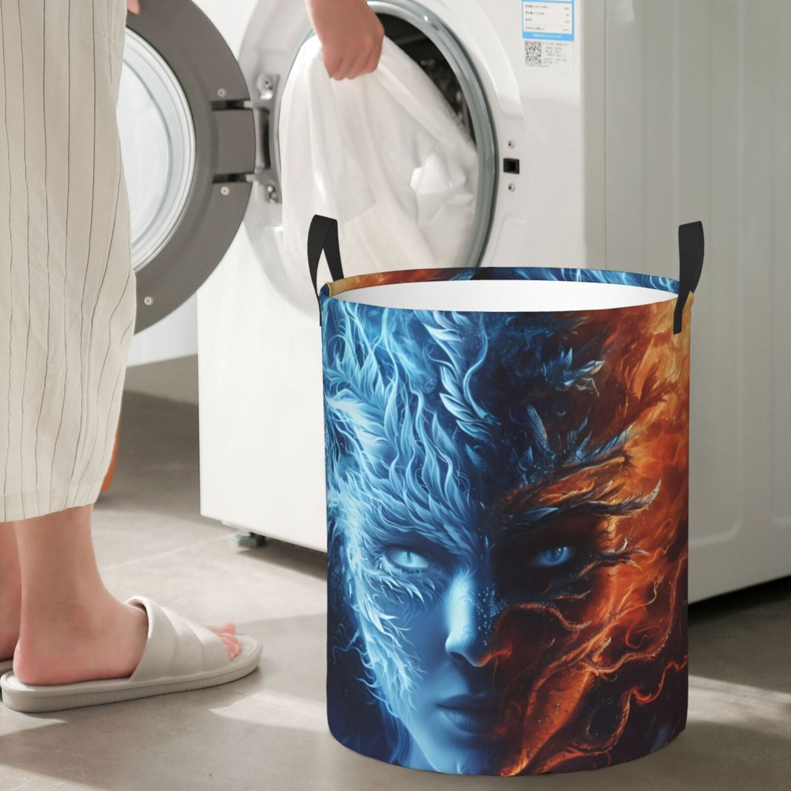 Large Laundry Basket with Handles - Red and Blue Fire Women Kids Baby Dirty Clothes Laundry Hamper for Bedroom Aesthetic