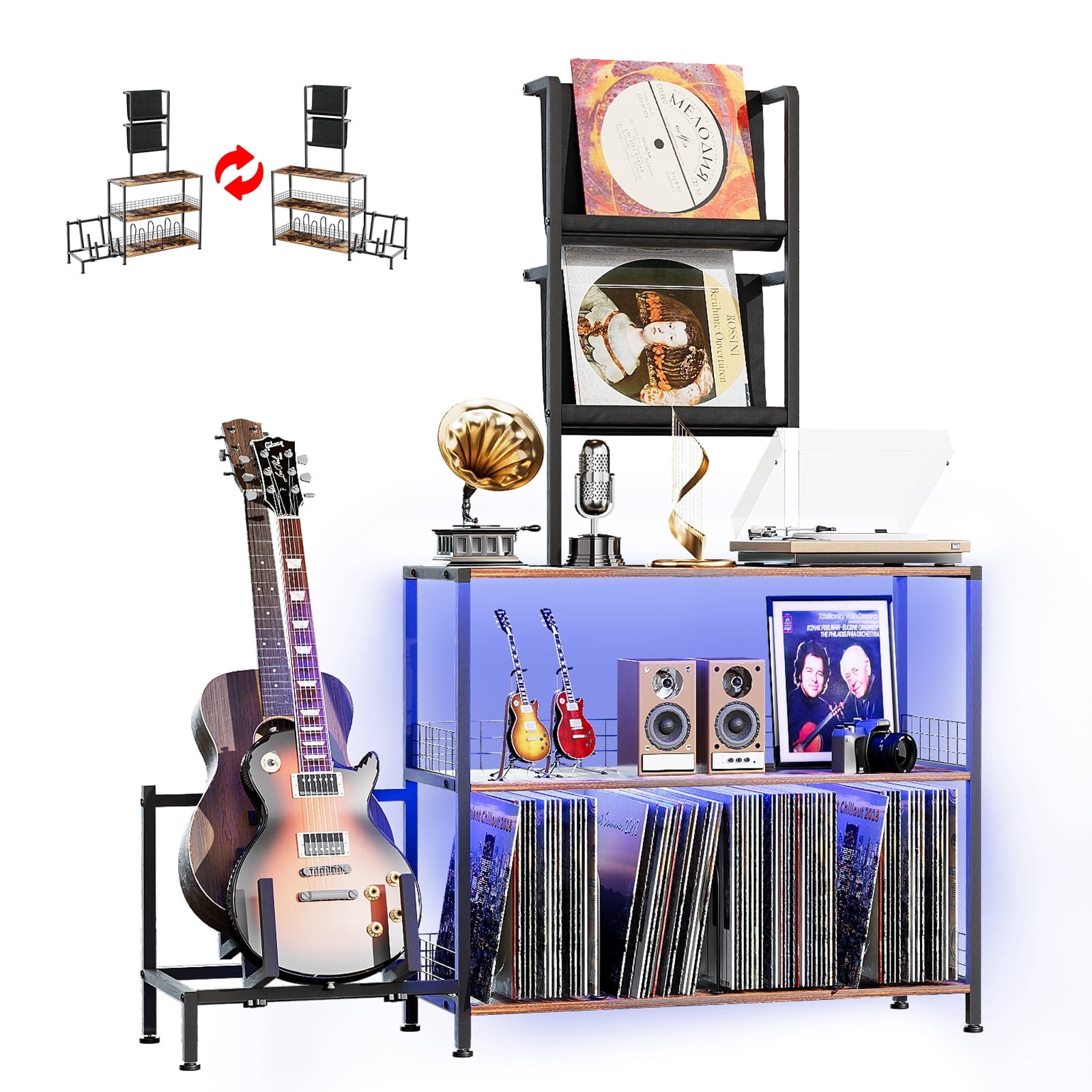 Vinyl Record Player Stand with Guitar Stand, Record Player Table with RGB LED Light, Record Player Cabinet with Vinyl Storage Holds up to 300+ Albums, Vinyl Player Stand for Home Use (Brown)