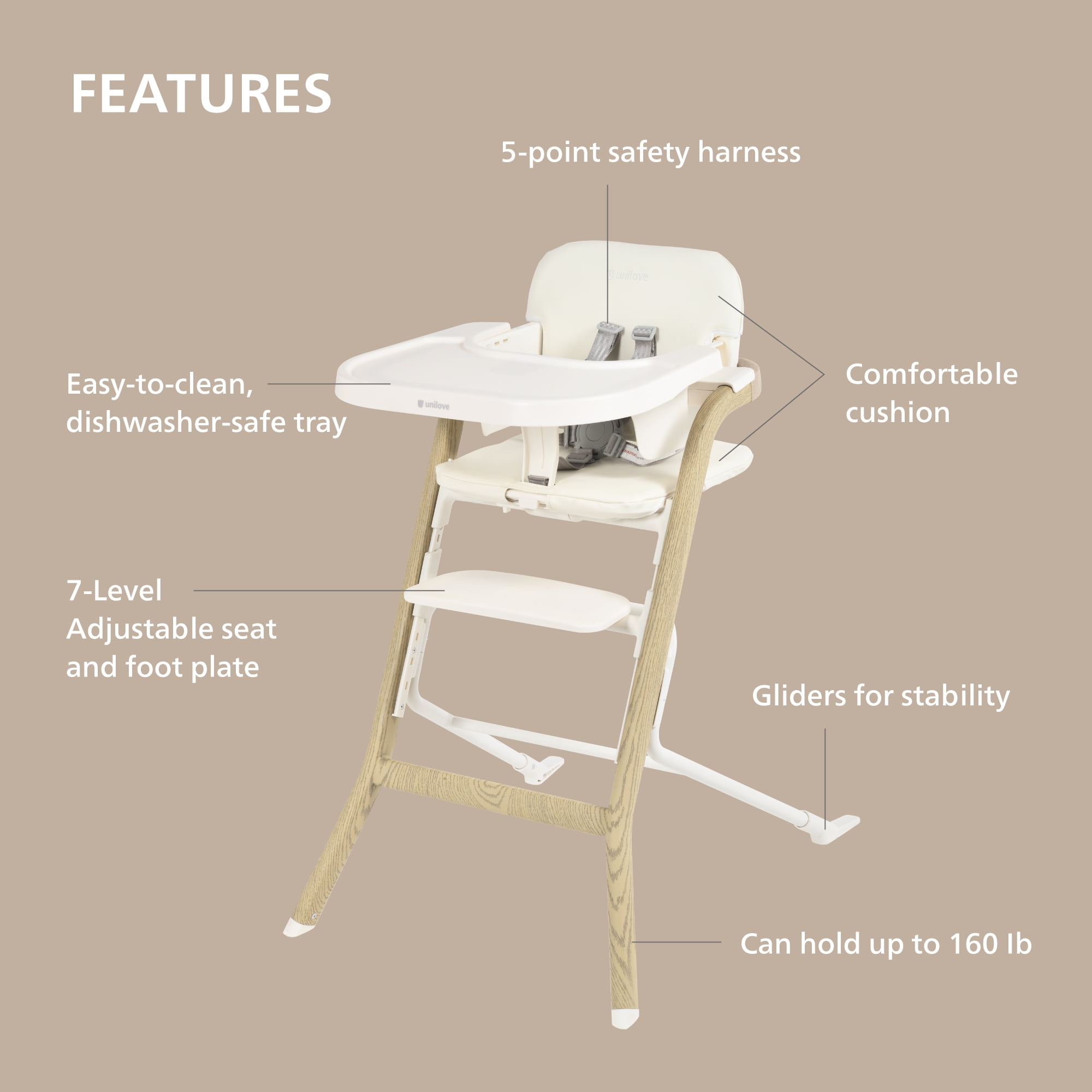 Unilove Grow With Me 2-in-1 Baby High Chair – Adjustable Toddler Chair with Baby Set, Removable Harness, One-Hand Seat & Footrest Adjustment - Vanila White