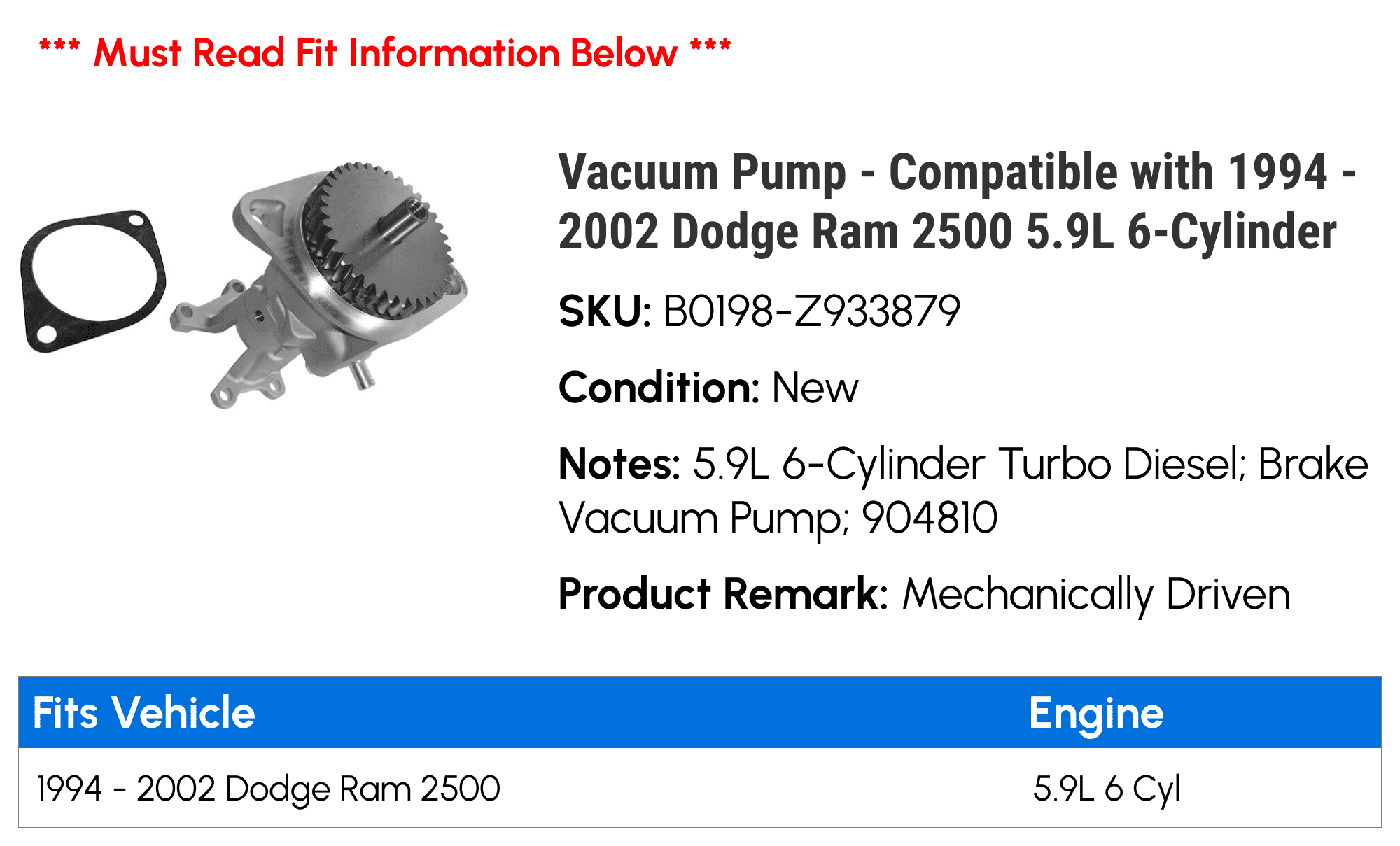 Vacuum Pump - Compatible with 1994 - 2002 Dodge Ram 2500 5.9L 6-Cylinder - Replacement