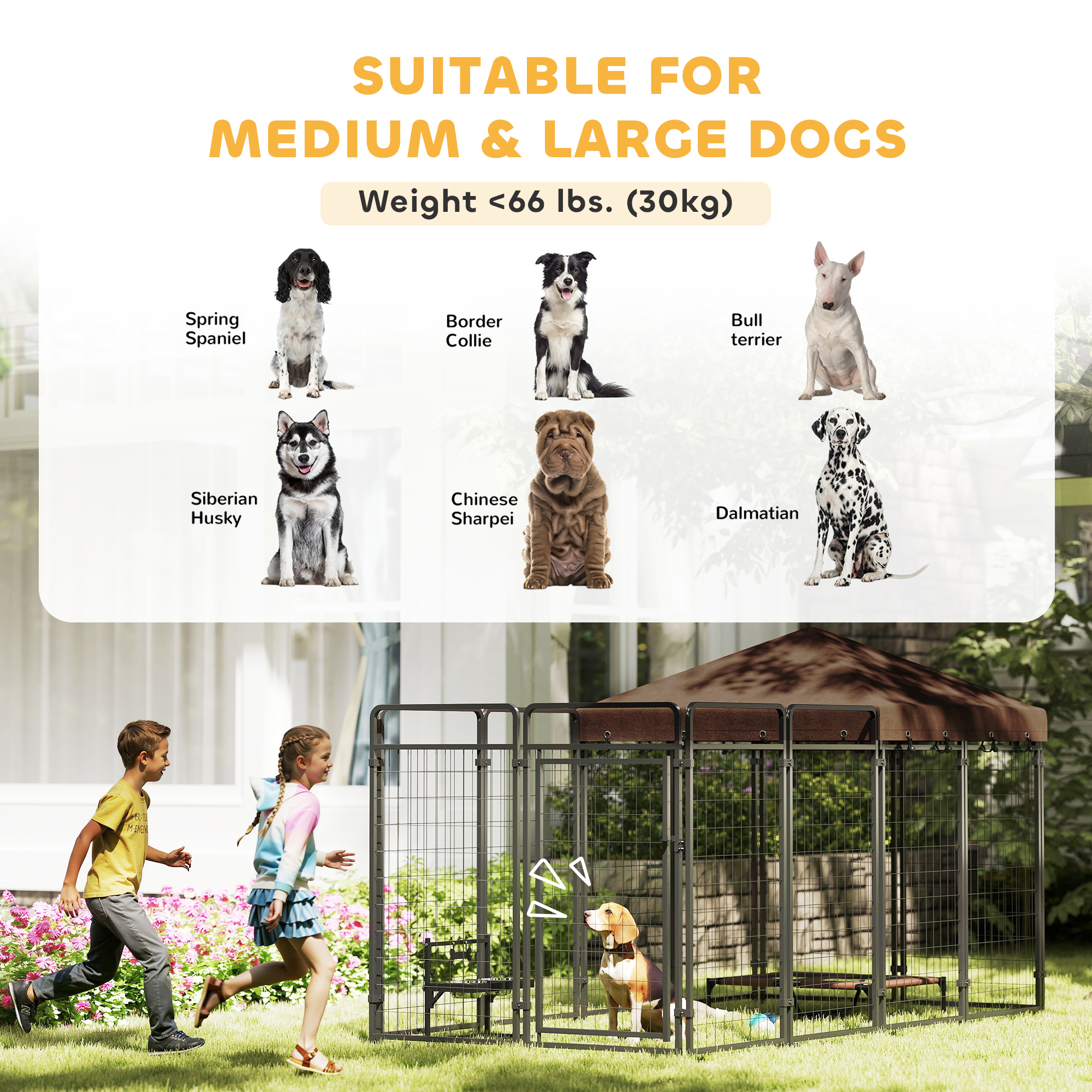 PawHut Dog Kennel Outdoor with Waterproof Canopy, Galvanized Chain Link, for Backyard and Patio, Large and Medium Sized Dog, 9.3' x 4.6' x 5.2'