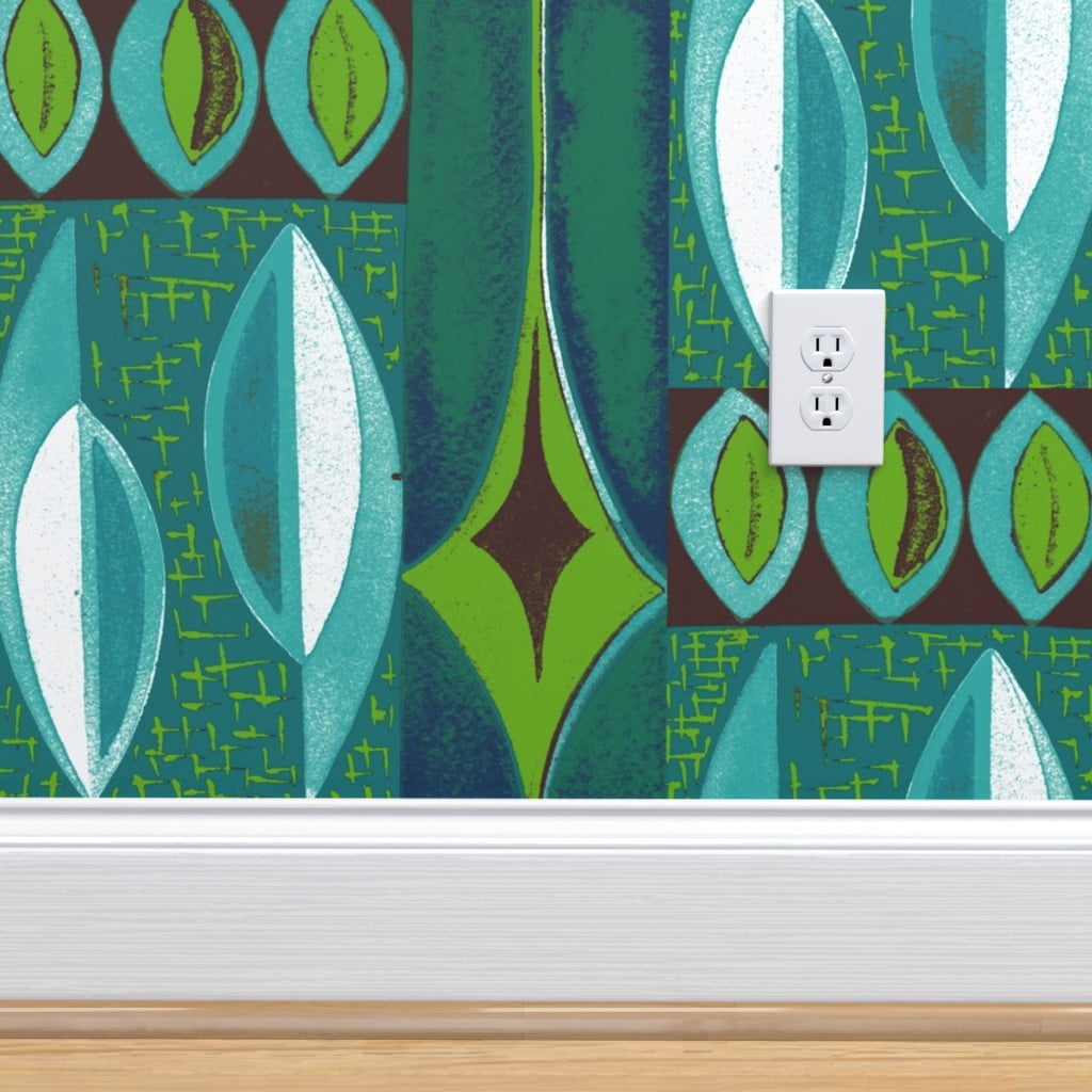 Removable Water-Activated Wallpaper Abstract Green Mid Century Modern Tiki 