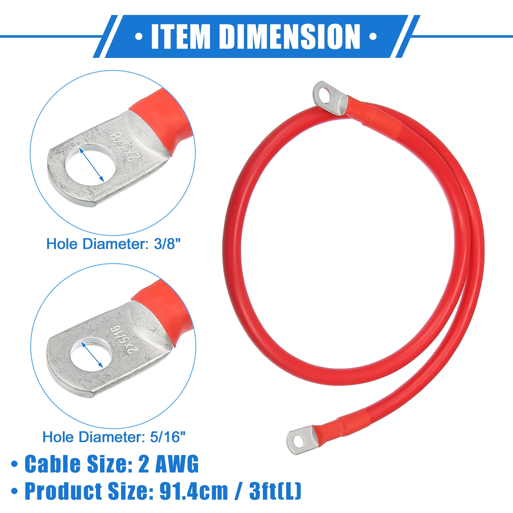 Unique Bargains 1 Pair 2 AWG Gauge 3ft Battery Inverter Cable with 3/8" 5/16" Ring Universal for Car Vehicle Black Red