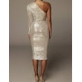 thumbnail image 5 of Women's Sexy One Shoulder Long Sleeve Sequin Sparkle Dress Ruched Evening Gown Midi Formal Dresses, 5 of 8