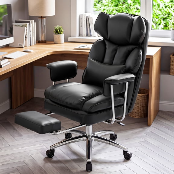 edx Executive Home Office Desk Chair, Ergonomic Big Tall High Back with Footrest & Lumbar Support, Reclining Comfy PU Leather Computer Gaming Chair with Swivel Wheels, Height Adjustable, Black