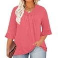 thumbnail image 2 of Nmnitkp Womens Plus Size Tops Solid Color 3/4 Ruffle Sleeve Shirt Casual V Neck Pleated T Shirt Loose Fit Tunic Blouse (L-5XL), 2 of 5