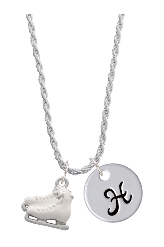 Silvertone White Ice Skates Silvertone Script Initial Disc - H - Charm Necklace, 20"+3"