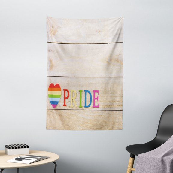 Pride Decorations Tapestry, Colorful Striped Heart Sign Love Gay Pride Theme with Wooden Background, Wall Hanging for Bedroom Living Room Dorm Decor, 40W X 60L Inches, Multicolor, by Ambesonne
