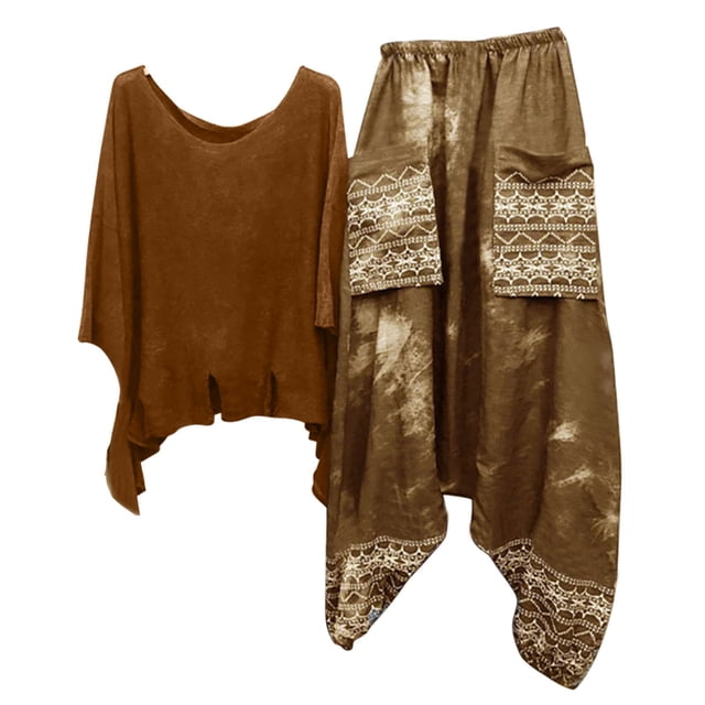 Conjunto de camiseta y pantalones con cuello redondo y manga 3/4 para mujer Wmkox8yi bvn2755