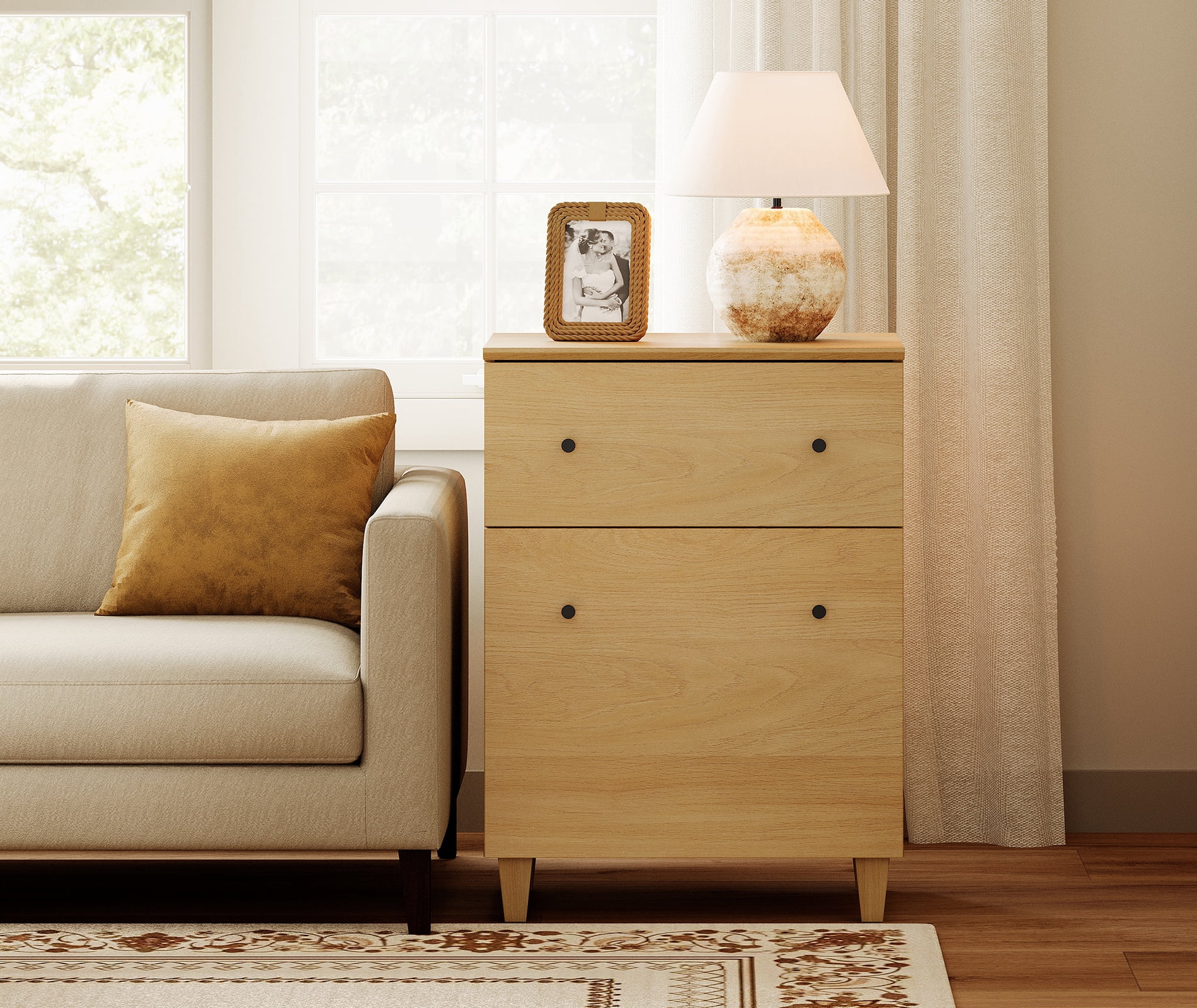 Modern End Table with Drawer and Cabinet, Large Side Table with Adjustable Storage Shelf, Wooden Nightstand for Living Room, Oak