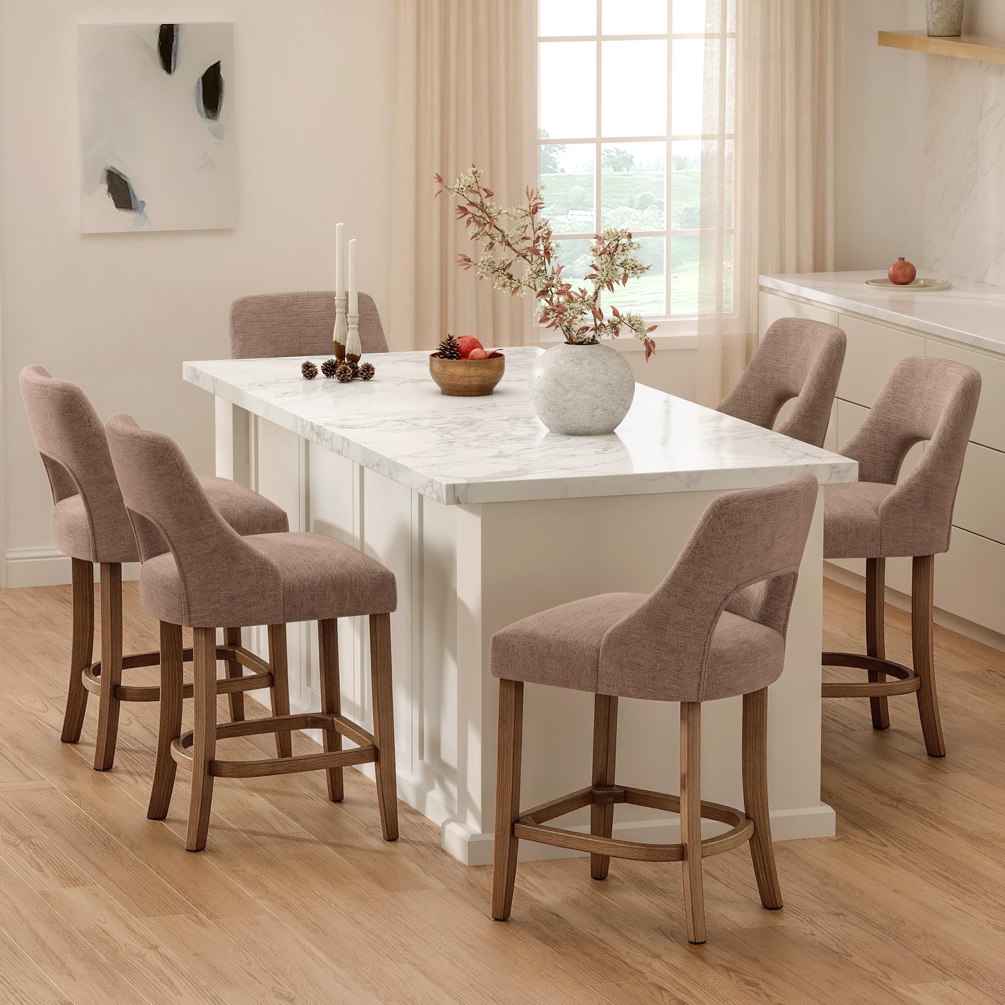 PORKISS 26" Bar Stools Set of 2, Upholstered Kitchen Island Stools with Hollow Back, Mid-Century Counter Stools with Wood Legs Footrest, Khaki