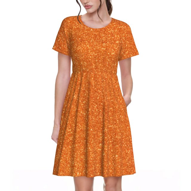 Balery Orange Glitter Vestidos sueltos de manga corta para mujer, vestidos de verano 2025, vestidos casuales de corte A con vuelo.