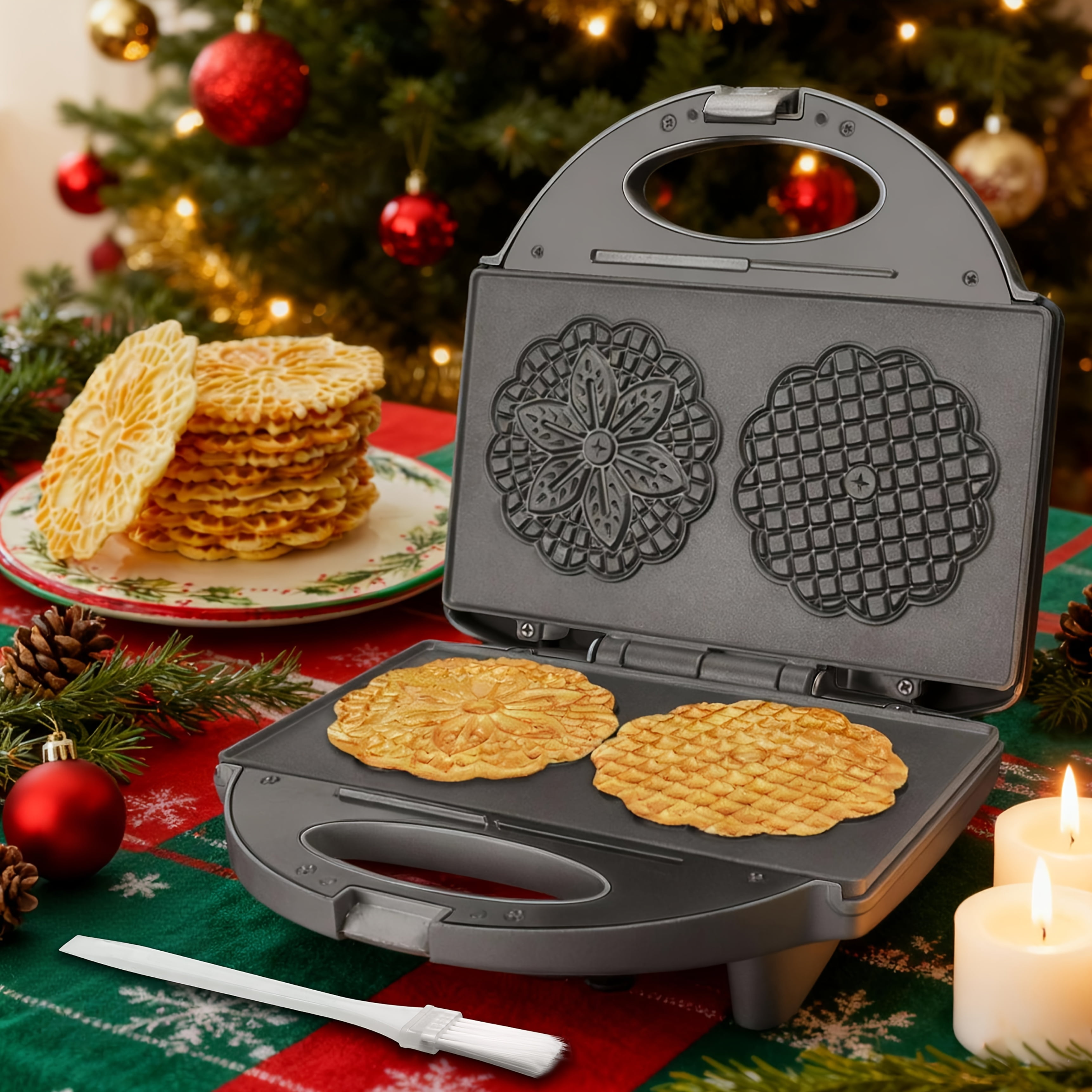 Electric Italian Pizzelle Maker with Snowflake Pattern, Nonstick Waffle Iron for Homemade Cookies & Waffles, Compact Appliance, Recipe Included
