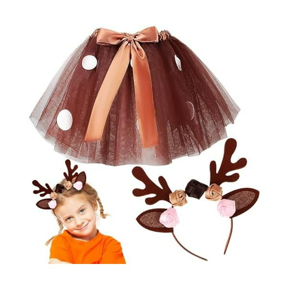 Fuswd Reindeer Tutu Skirt with Elk Headband Set for Girls Women, Deer Tutu Skirt Elk Headband for Cosplay Party Dress Up