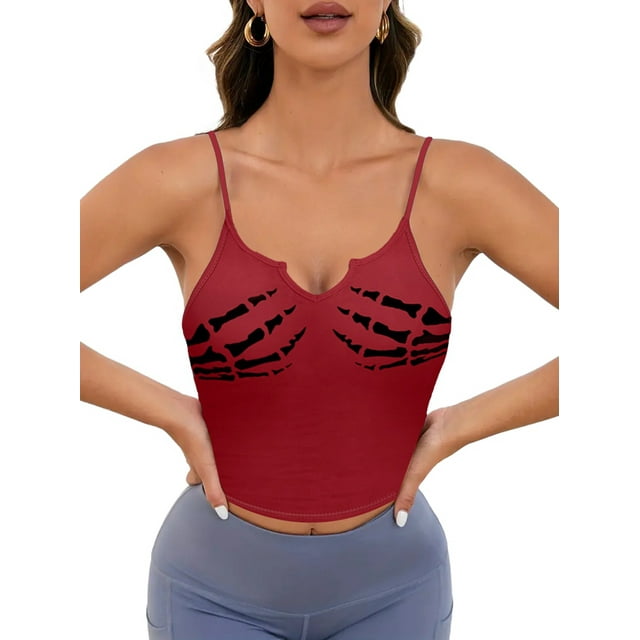 Camisola Corta Sin Mangas con Estampado de Calavera de Halloween para Mujer Rojo S