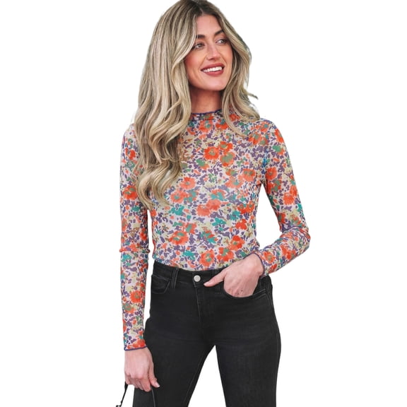 Women's Blue Floral Mesh Long Sleeve Mock Neck Top – Chic Casual Spring Style, XL