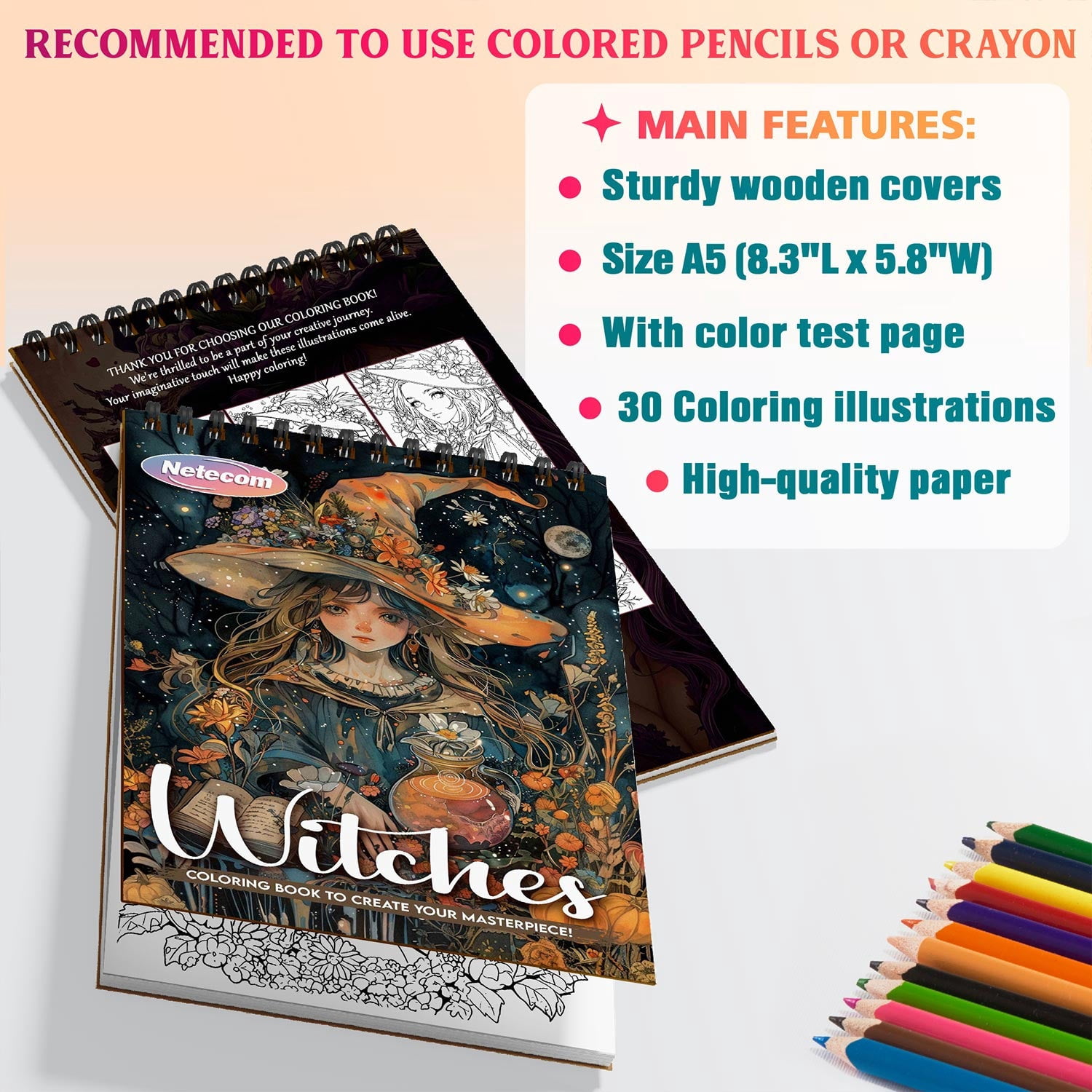 Netecom Witches Coloring Book Spiral Bound for Adults, A5 Wooden Cover, 30 Stunning Coloring Pages of Magical World to Explore Mysteries of Witchcraft for Stress Relief and Relaxation
