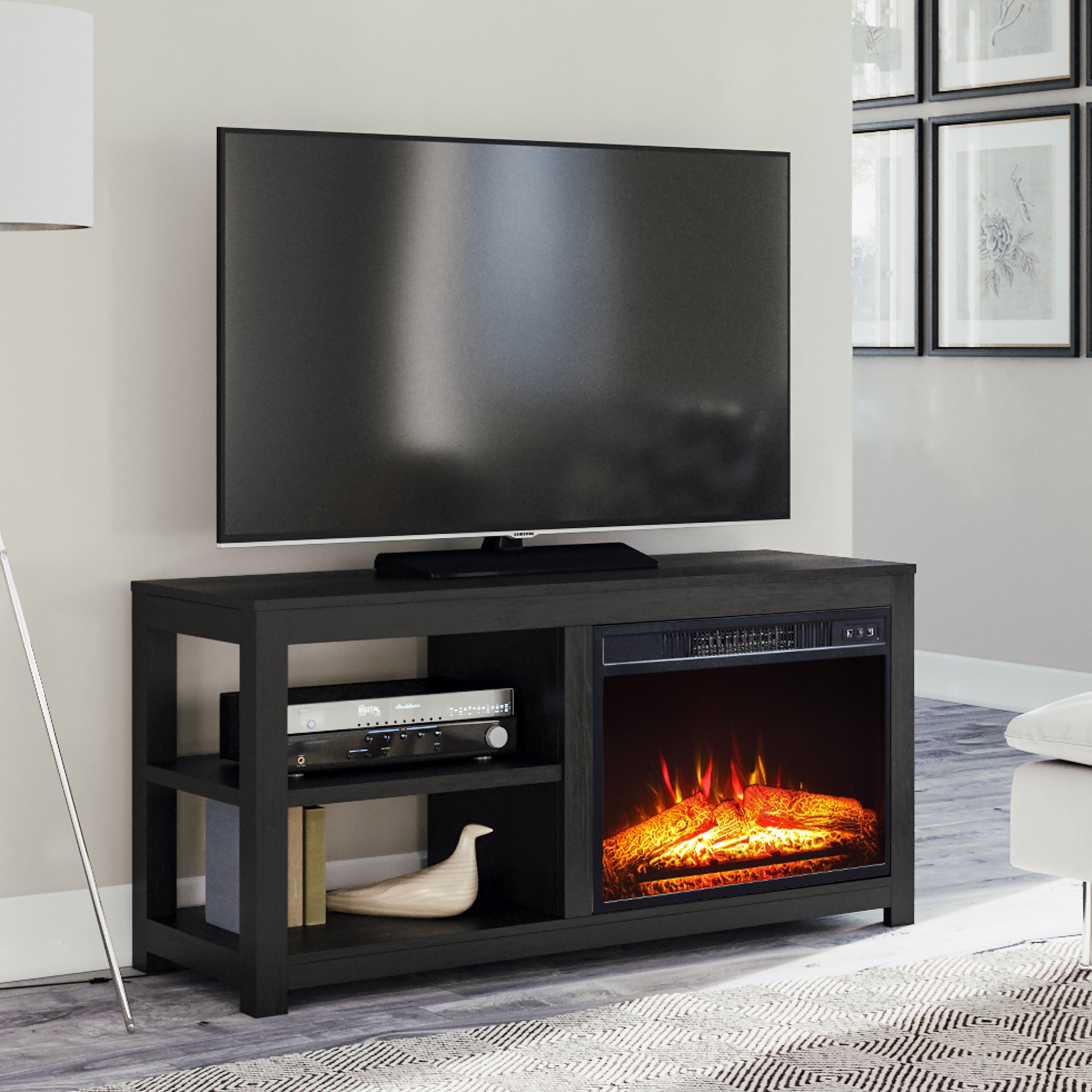 Mainstays 2-Shelf Media Fireplace TV Stand for Flat panel TVs up to 60", Black Oak Finish ...