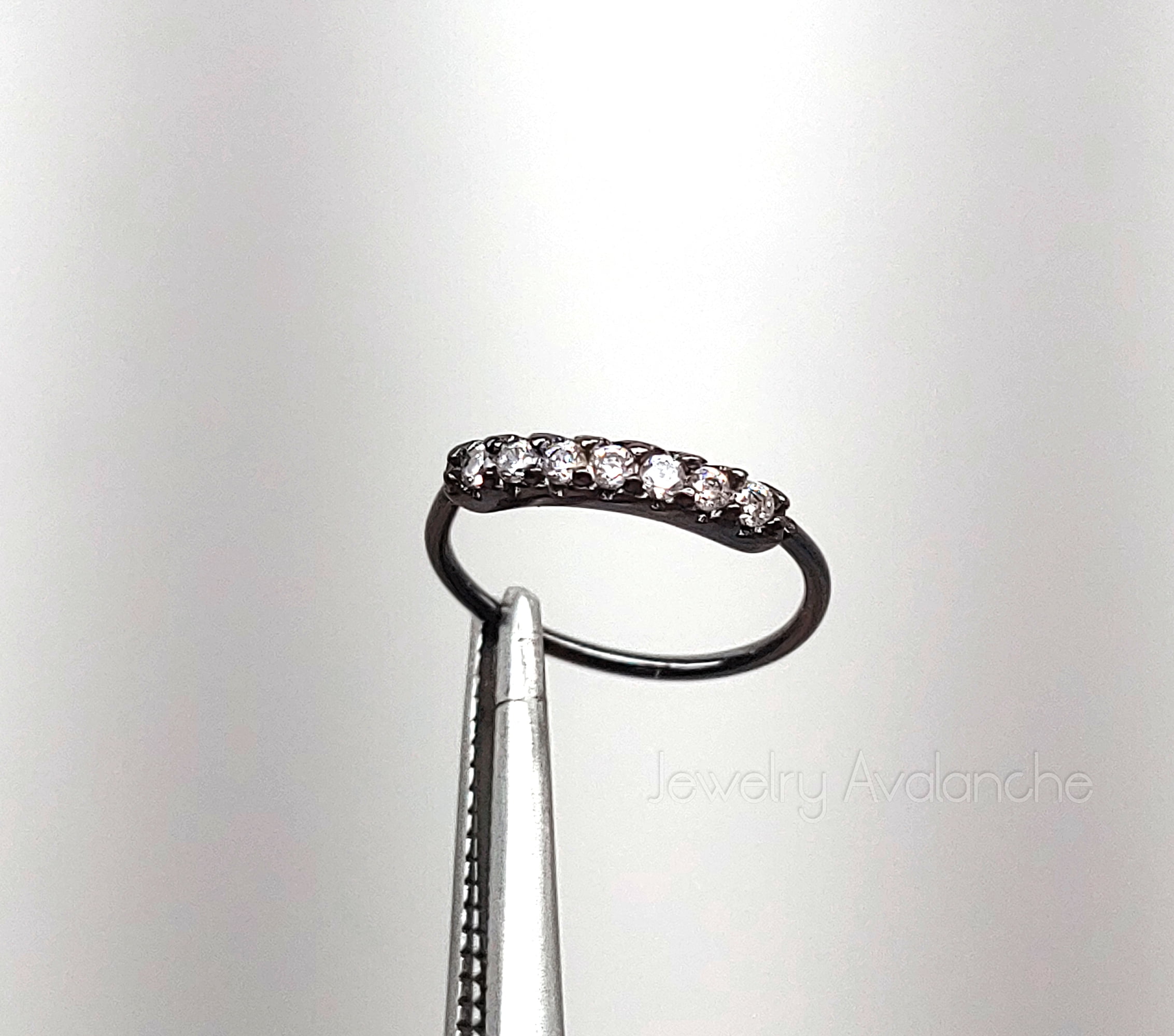 925 Sterling Silver Nose Ring, 22G Nostril Hoop Ring, Helix Earring, Cartilage Earring, 9mm Inside Diameter, Prong set 7 White CZ Accented - Black