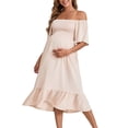 thumbnail image 2 of YMNXA Women's Maternity Dress Short Sleeve Off Shoulder Solid Color A Line Comfortable Stylish Flowy Dresses For Casual Daily Wear,Beige,L, 2 of 5