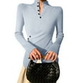 thumbnail image 2 of Women'S Knit Basic Sweater Elegant Stand Collar Button Slim Fit - Slit Long Sleeve Pullover Tops Light Blue L, 2 of 7