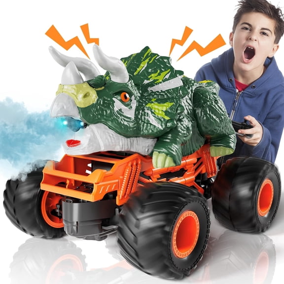MAVOLIO Remote Control Monster Truck, 360° Stunt RC Dinosaur Car with Spray & LED Lights, 2.4GHz RC Truck Toy Gift for 3‑12 Year Old Boys