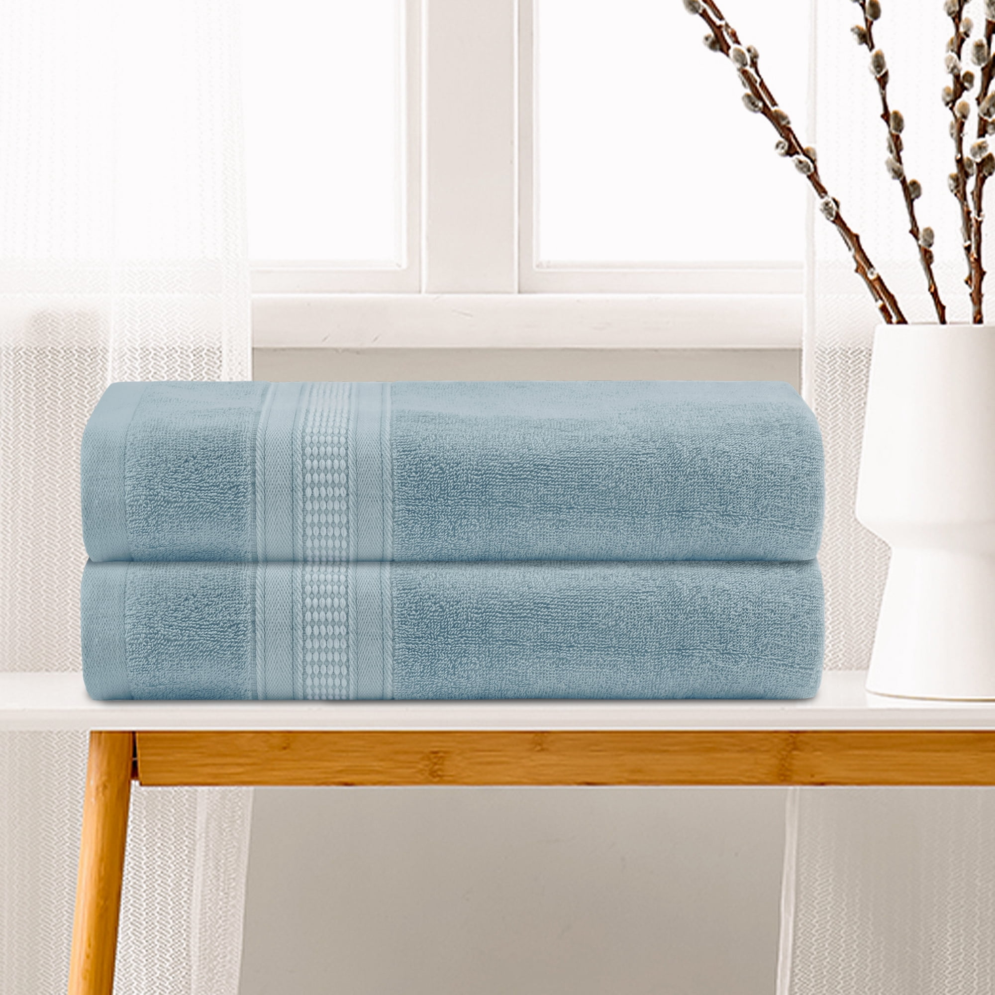Unique Bargains 100% Cotton 2 Pack Solid Bath Towels Quick Dry and Absorbent Blue