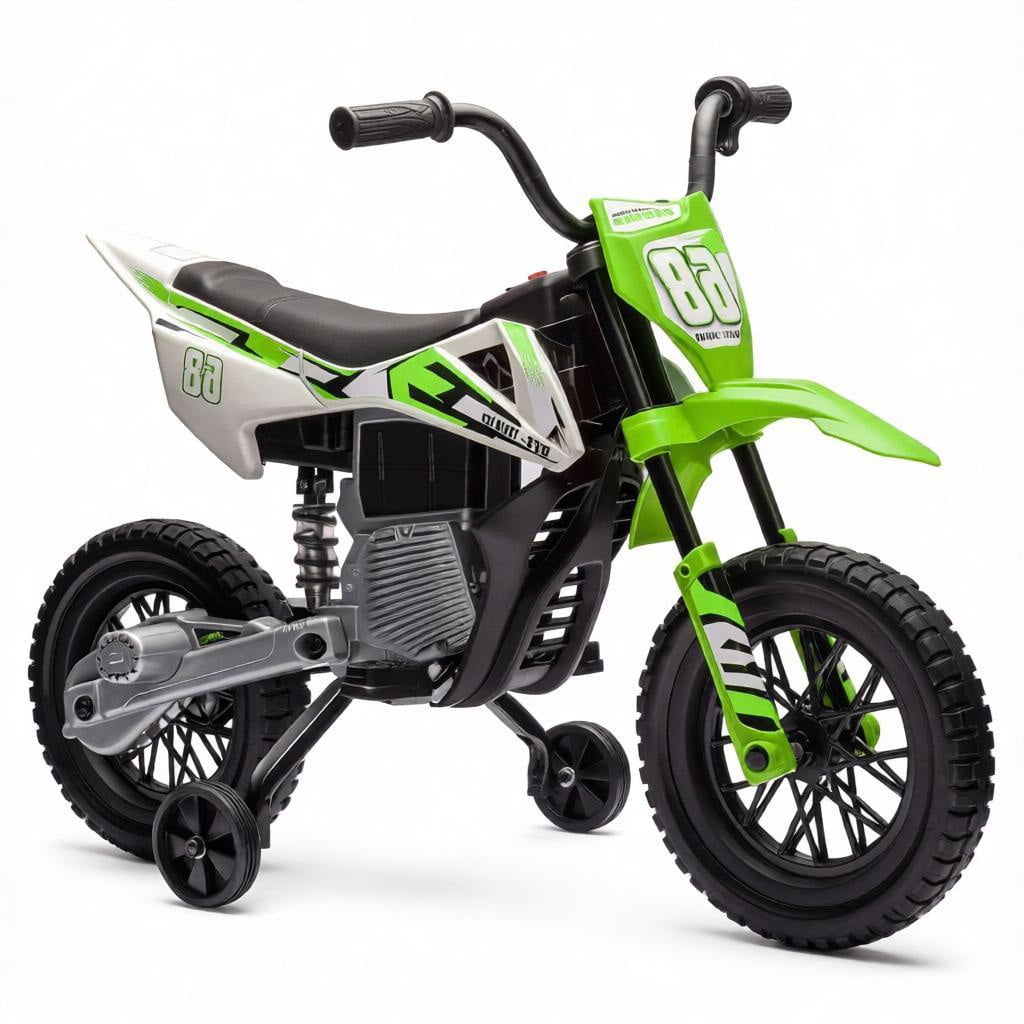 12V Kids Electric Motorcycle, Twist Handle Throttle, Safety Training Wheels, Rear Suspension System, Music Playback, Green