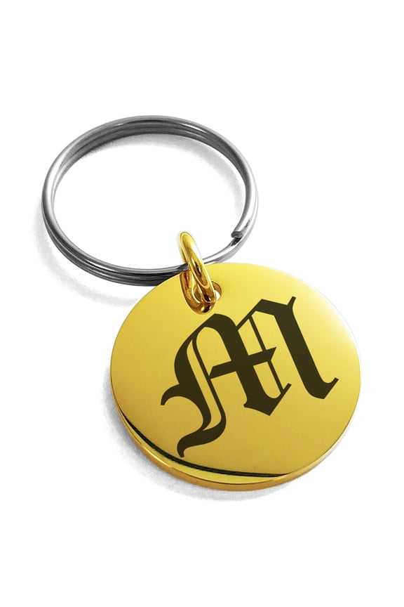 Stainless Steel Letter M Initial Old English Monogram Engraved Small Medallion Circle Charm Keychain Keyring