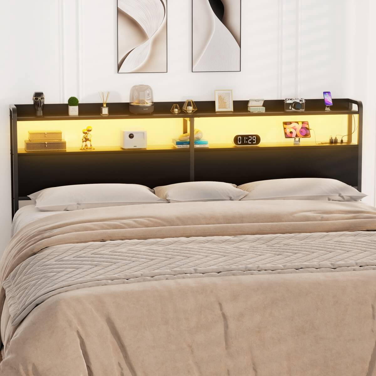 Homieasy Headboard for King Size Bed Frame, Headboards with Outlets, USB Ports and LED Light, Head Board with Storage, Height Adjustable, Sturdy and Stable Headboard, Black