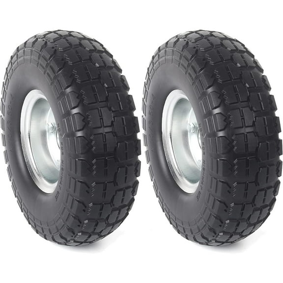 (2-Pack) 10-Inch Solid Rubber Tire Wheels - Replacement 4.10/3.50-4" Flat Free Tire with 5/8" Bearings, 2.2" Offset Hub - Compatible with Hand Truck, Wheelbarrow, Dolly, Gorilla Carts