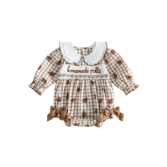 Cjfdfy Newborn Baby Girl Thanksgiving Outfit Homemade Rolls Print Bubble Romper With Plaid Long Sleeve Doll Collar Bows Bodysuit Infant Cute My First Thanksgiving Fall Winter Clothes