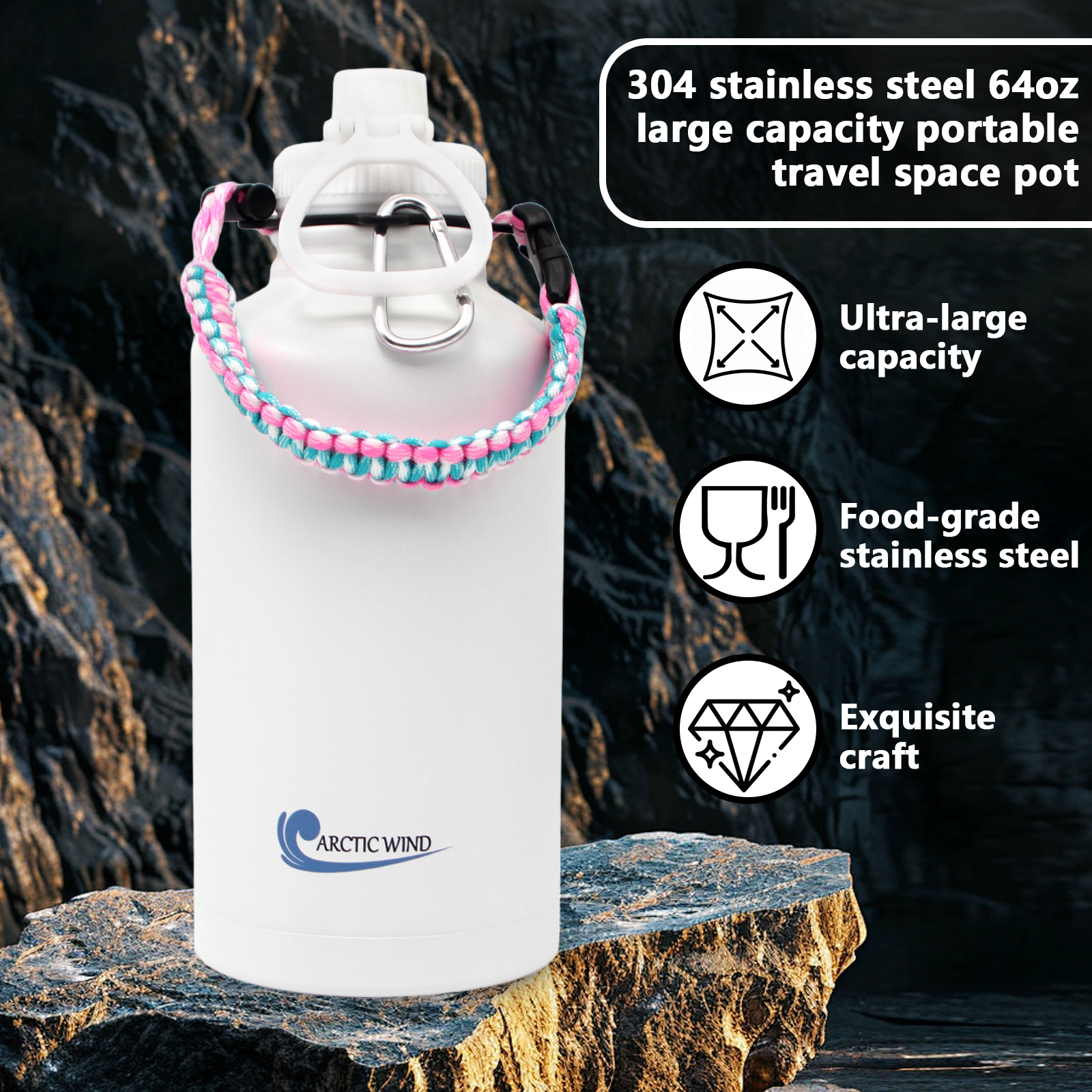 Arcticwind 64 oz Insulated Water Bottle, 304 Stainless Steel Leak Proof & BPA-Free, Half Gallon Water Bottle, Paracord Handle, 64oz Water Bottle Triple Wall Thermal Sweat-Proof Gallon Water Jug