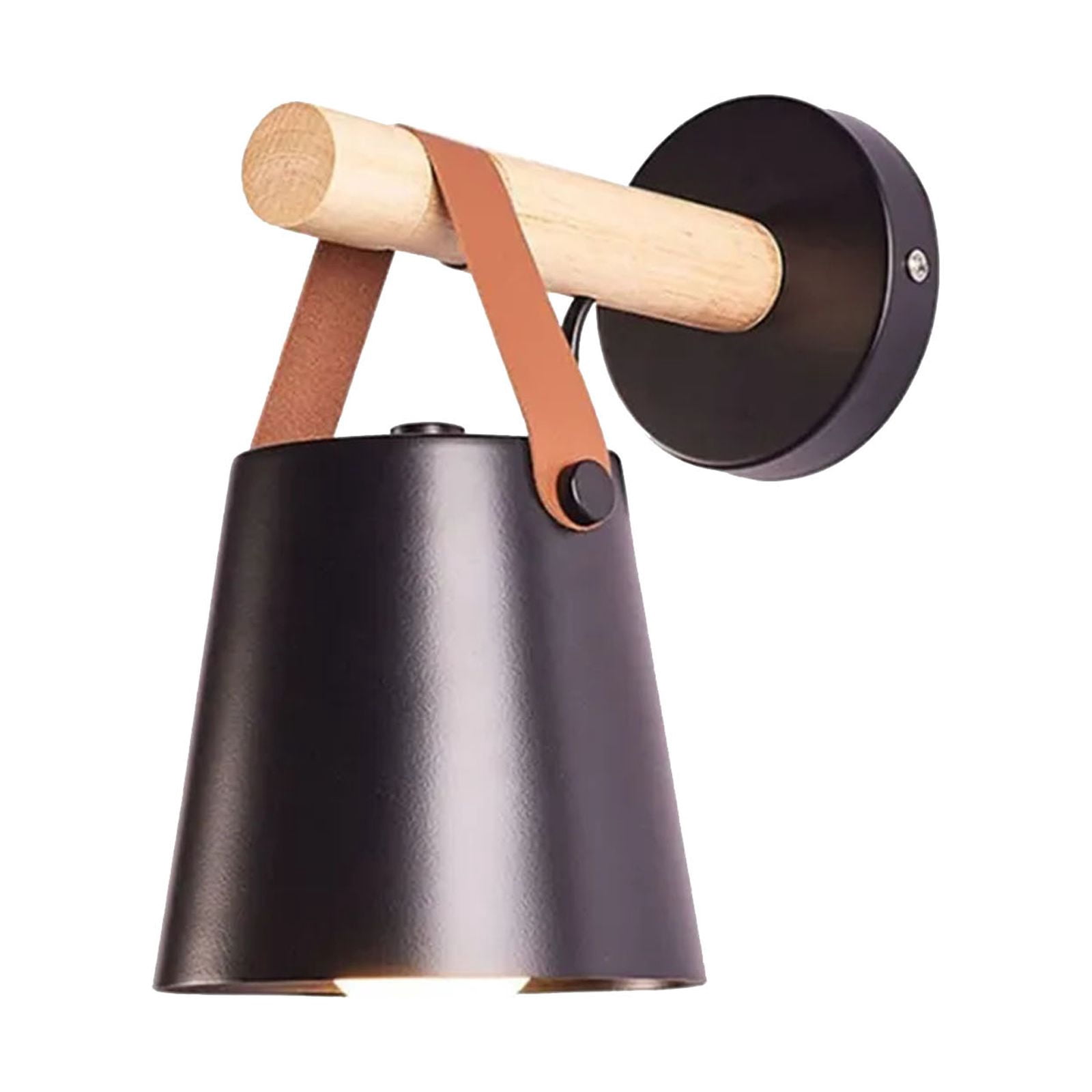Industrial Black Iron Wall Sconce with Brown Leather Strap, Rustic Wood Backplate LED Wall Lamp, Vintage Belt Light Fixture for Bedroom Bedside Living Room Hallway TV Wall Decor