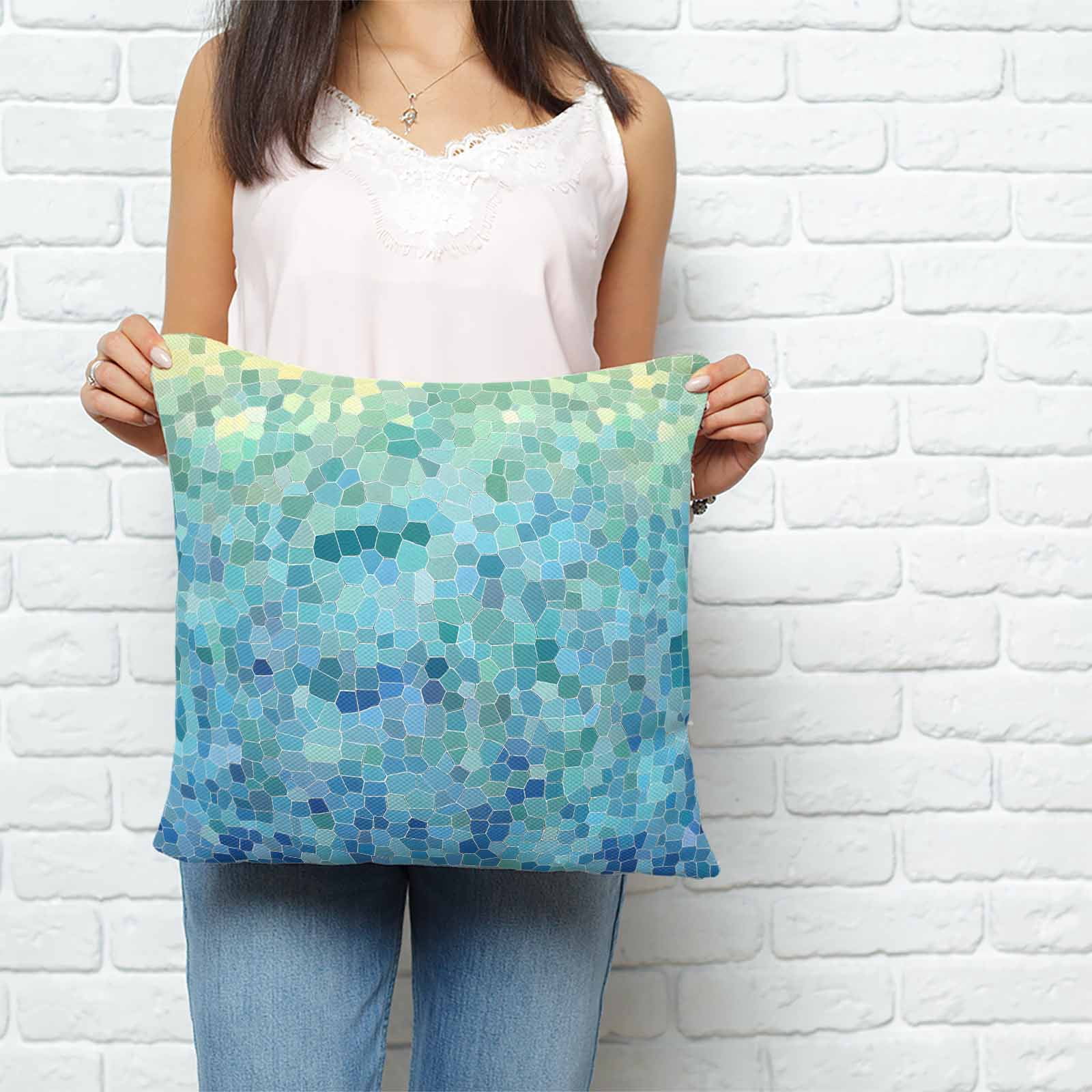Throw Pillow Covers 26x26 Inch, Turquoise Blue Teal Decorative Pillow Cases for Couch Sofa Bed, Chic Stained Glass Texture Aesthetic Cotton Linen Square Home Decor Pillowcases with Hidden Zipper