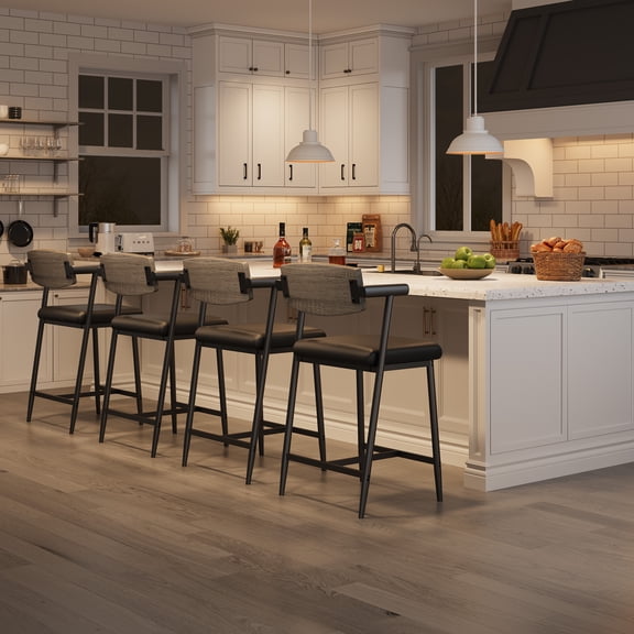 Counter Height Bar Stools Set of 2 with Wood Back and Arms, Upholstered Counter Stools with Metal Frame and Footrest, Kitchen Island Bar Chairs, Rustic Gray