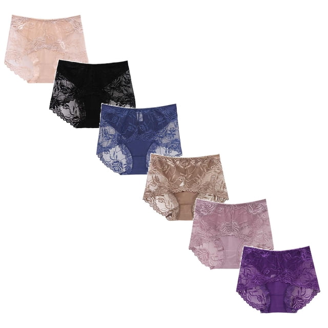 Ropa Interior Algodon Mujer Bragas De Encaje De Cintura Media Alta Para Mujer, Transparentes, Sin Costuras, Talla Grande, Realce *6 Piezas